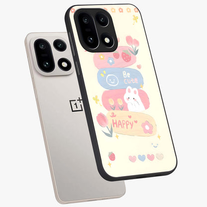 Happy Cute Bunny Glass Case for 1+15 angled mockup showcasing glossy finish and soft pastel tones