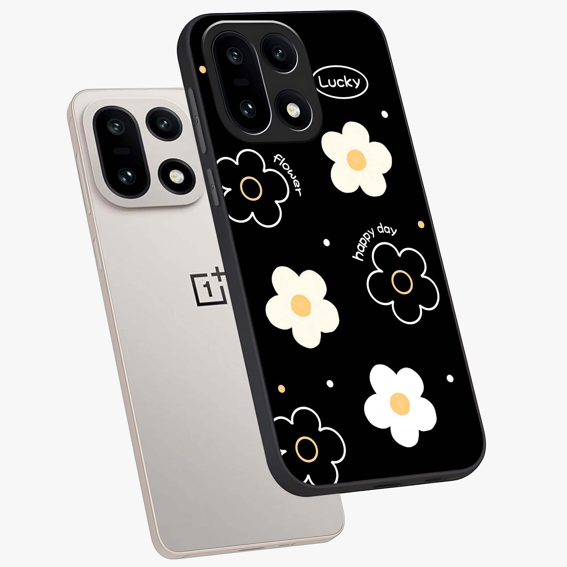 Happy Day Daisy Glass Case for 1+15 angled mockup showcasing glossy finish and vibrant bloom tones