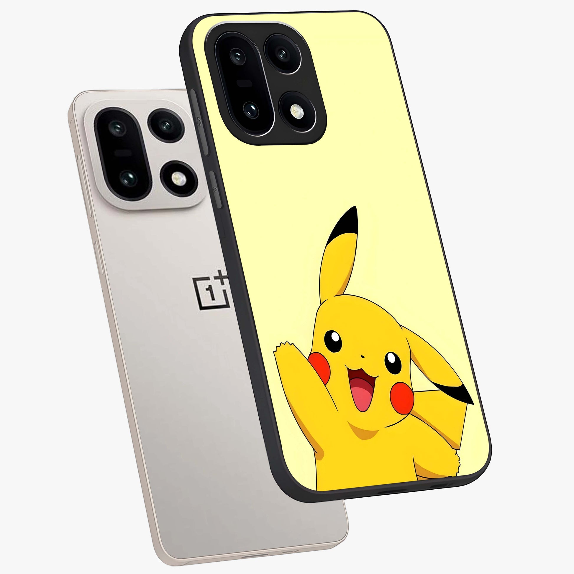 Happy Electric Pikachu Glass Case for 1+15 angled mockup showcasing glossy finish and vibrant yellow tones