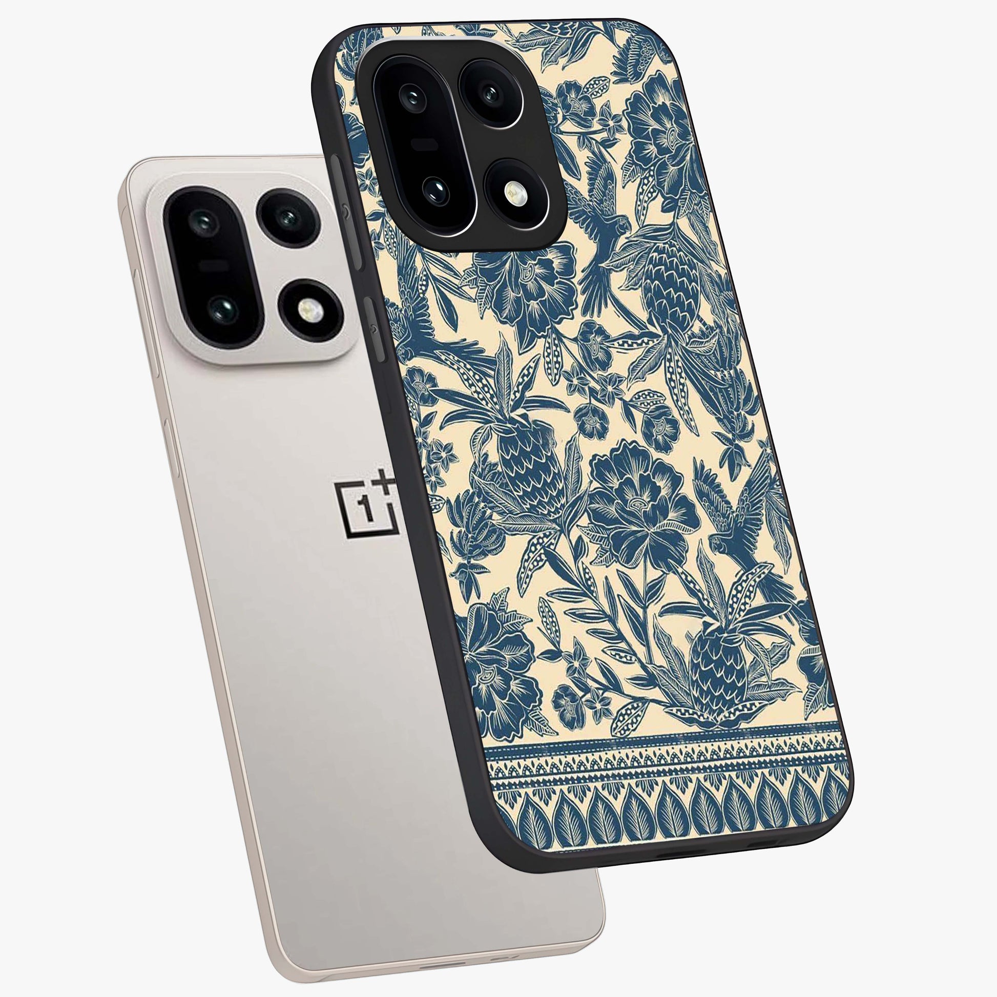Heirloom Wild Bloom Glass Case for 1+15 angled mockup showcasing glossy finish and rich botanical textures