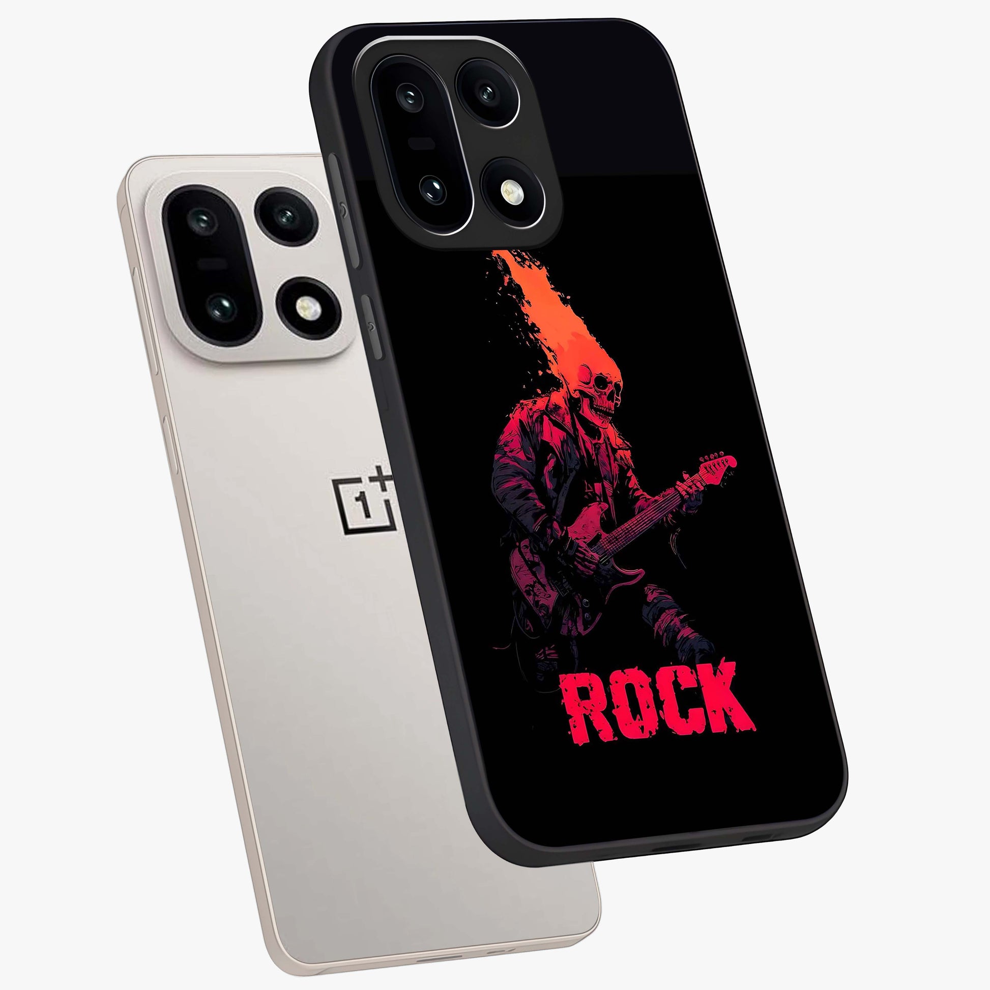 Hellfire Rock Anthem Glass Case for 1+15 captured at a warm angle highlighting bold flame tones, gloss, and edge clarity.