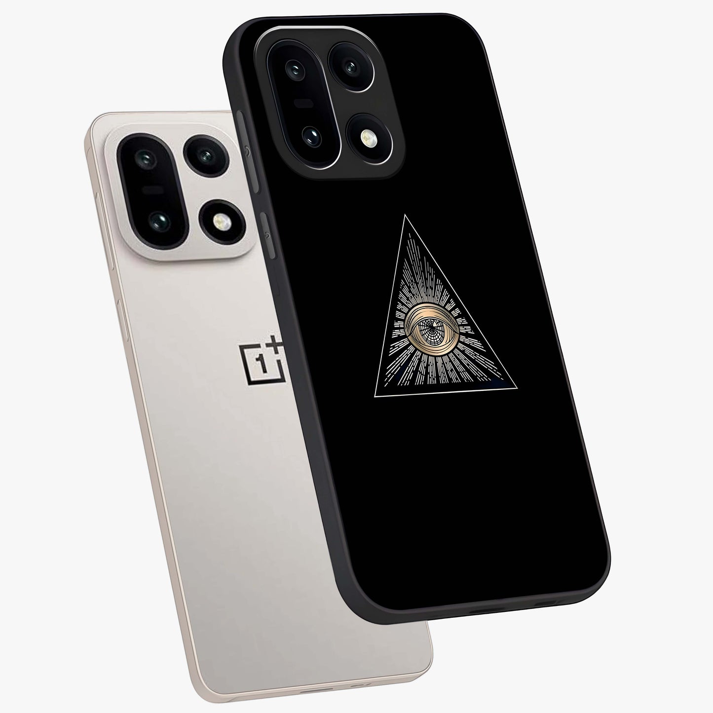 Illuminati Evil Glass Case for 1+15 captured at a warm angle highlighting sharp graphic details, gloss, and edge clarity.