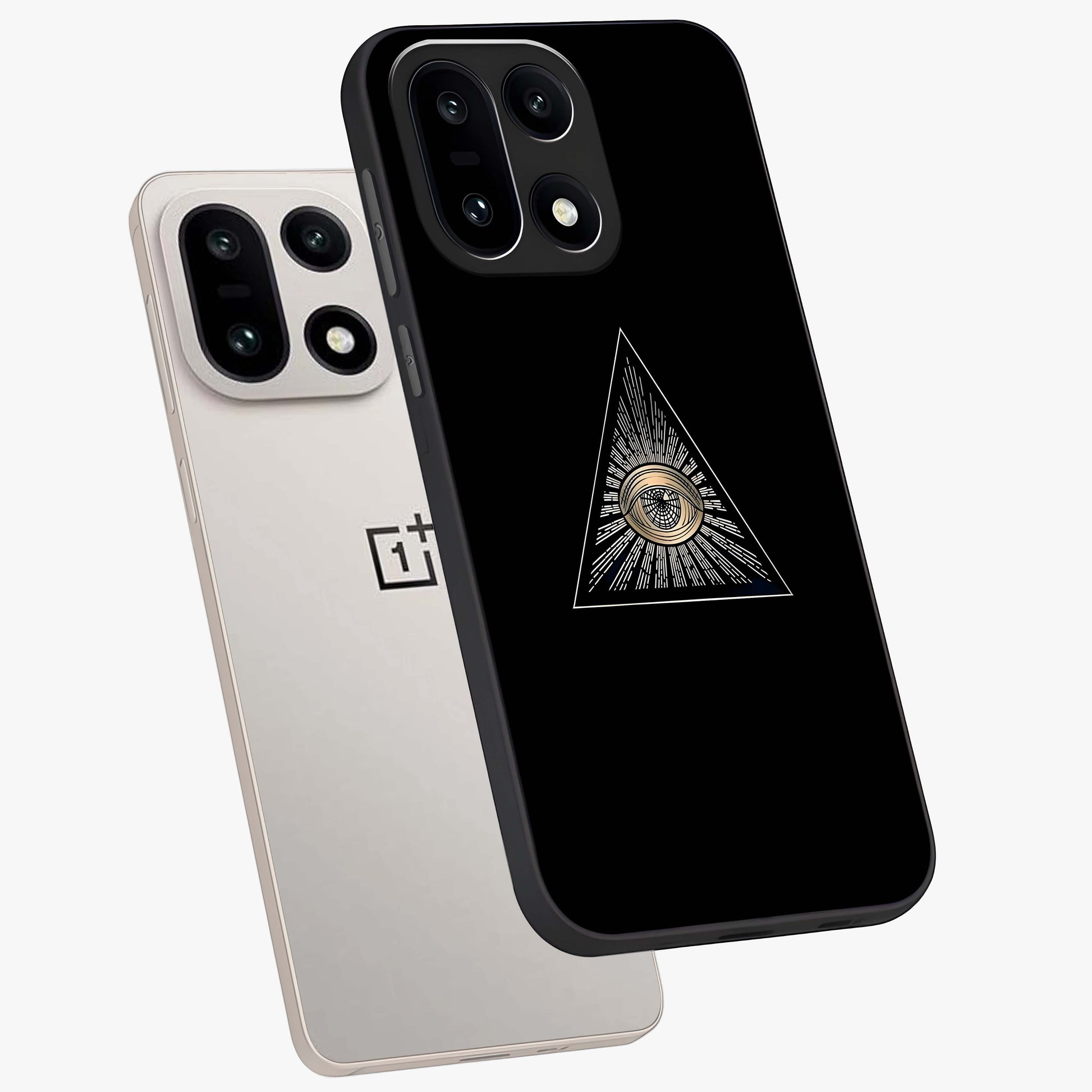 Illuminati Evil Glass Case for 1+15 captured at a warm angle highlighting sharp graphic details, gloss, and edge clarity.