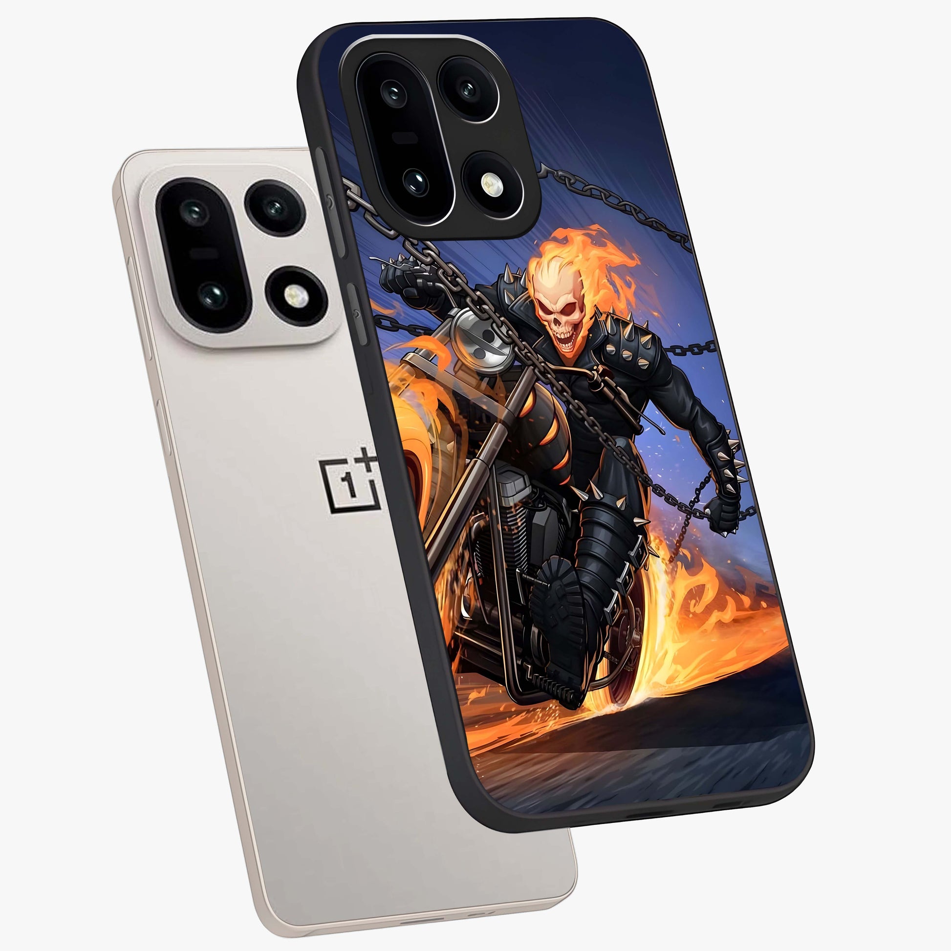 Inferno Chain Rider Glass Case for 1+15 captured at a warm angle highlighting intense flame details, gloss, and edge clarity.