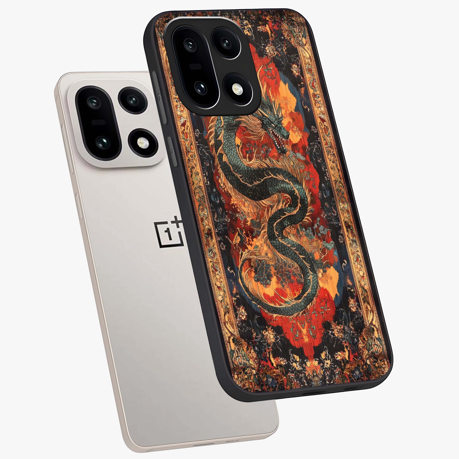 Inferno Dragon Soul Glass Case for 1+15 captured at a warm angle highlighting fierce fire tones, gloss, and edge clarity.
