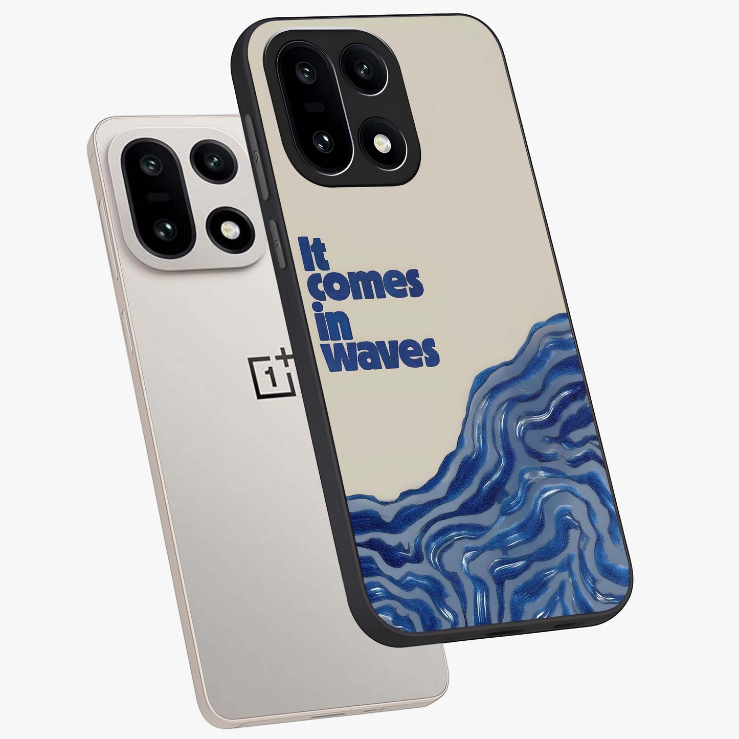 It Comes in Waves Quote Glass Case for 1+15 captured at a warm angle highlighting clean typography, gloss, and edge clarity.