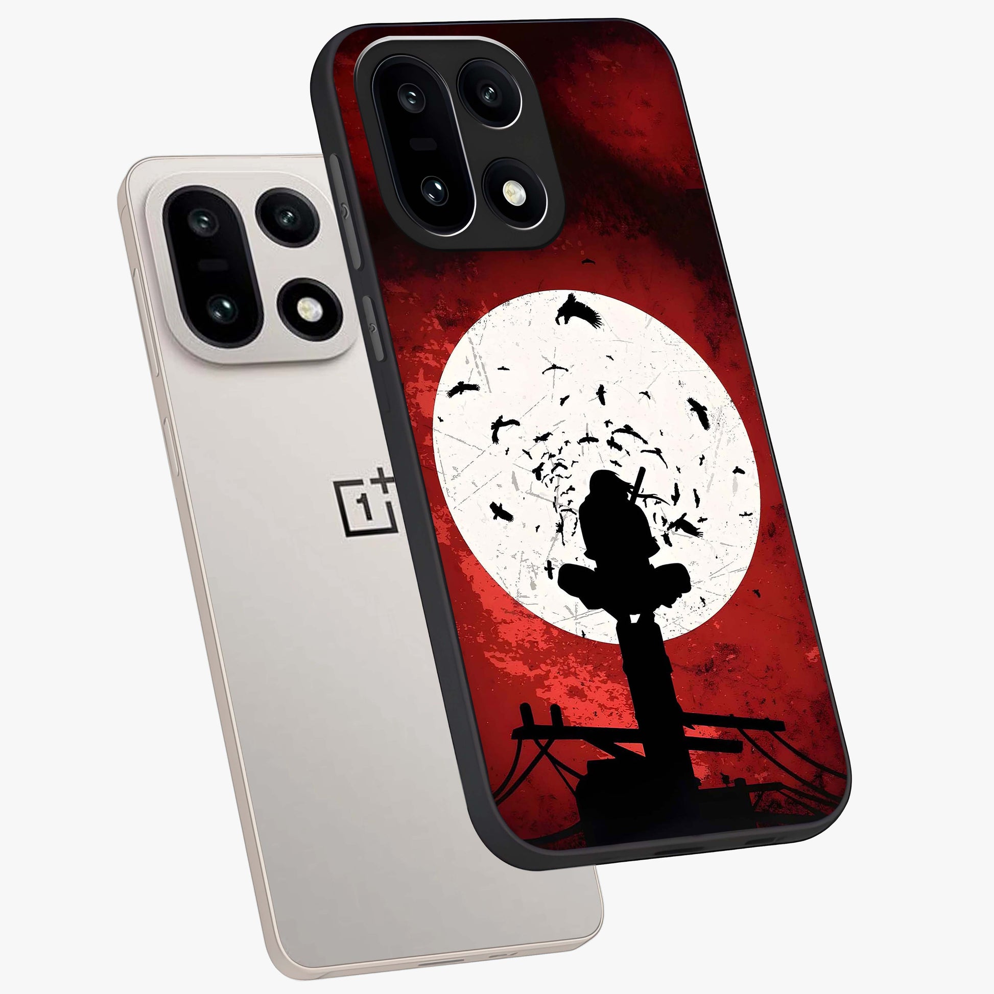 Itachi Limited Edition Naruto Anime Case Glass Case for 1+15 angled mockup showcasing glossy glass finish and dramatic red tones