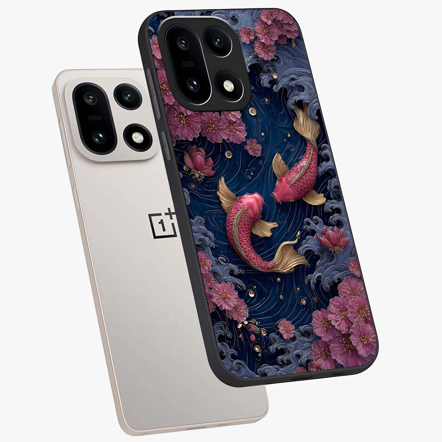 Koi Wave Dance Glass Case for 1+15 angled mockup showcasing glossy finish and vibrant aquatic tones