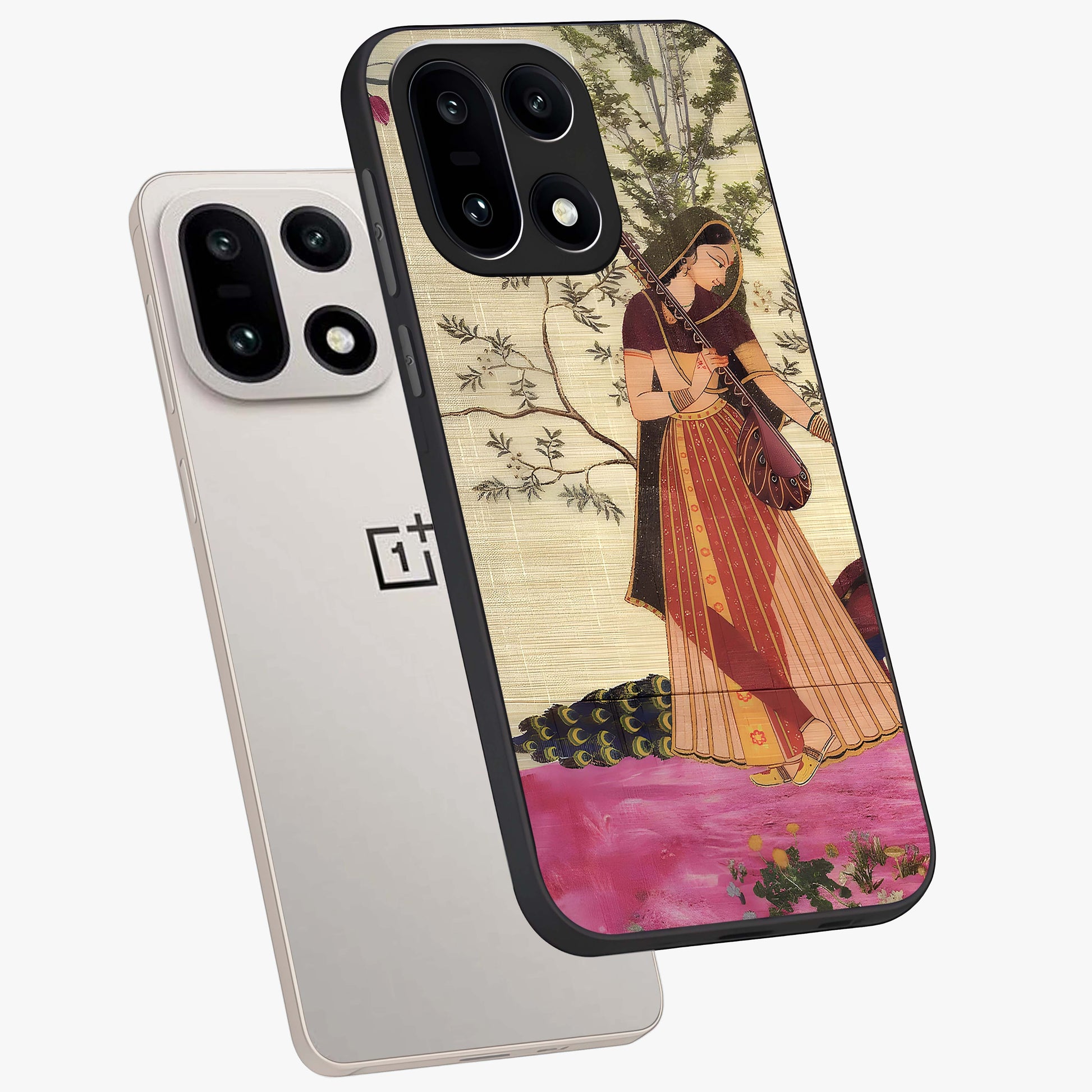 Lady With Veena Art Glass Case for 1+15 angled mockup showcasing glossy finish and refined artistic detailing