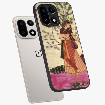Lady With Veena Art Glass Case for 1+15 angled mockup showcasing glossy finish and refined artistic detailing