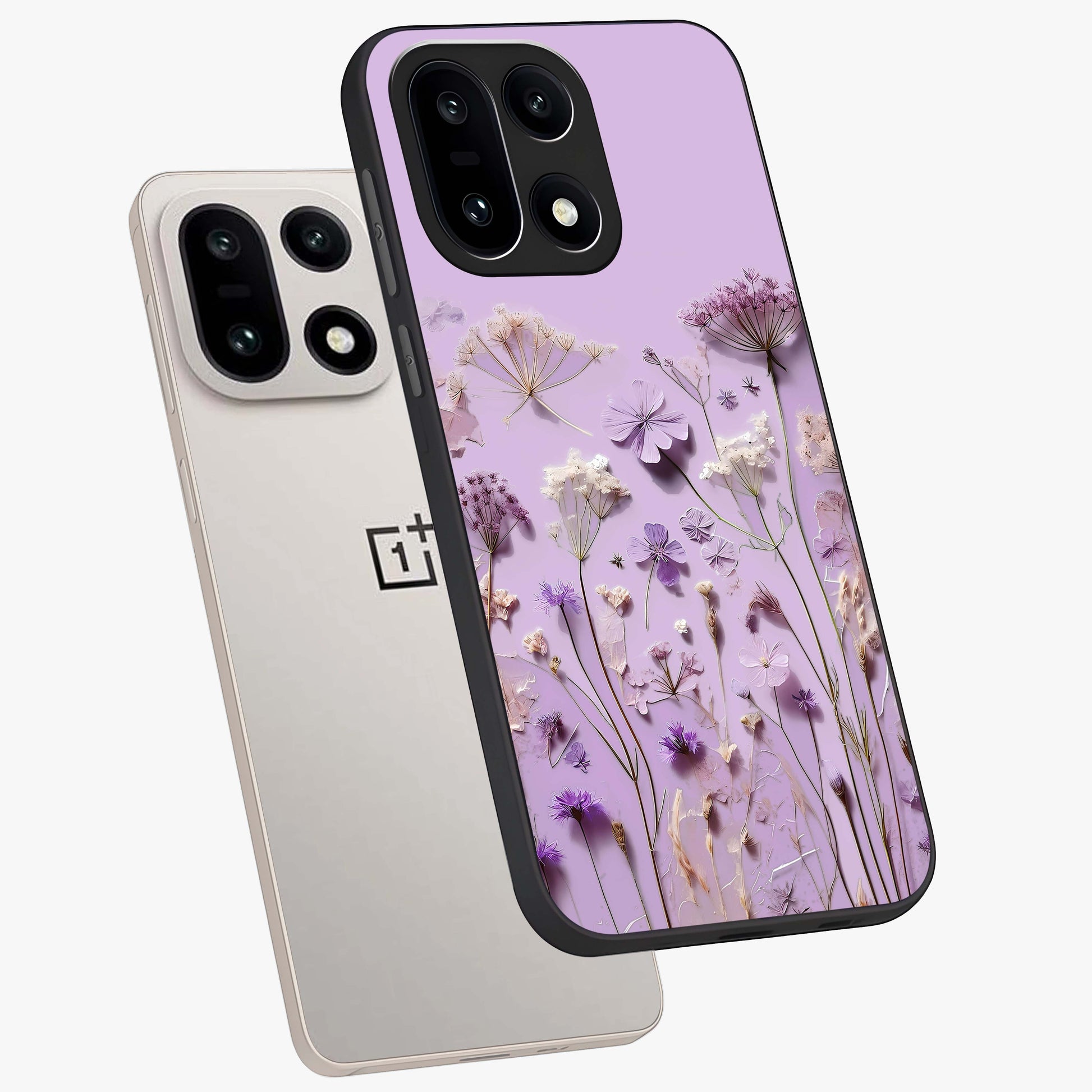 Lavender Blossom Dream Glass Case for 1+15 angled mockup showcasing glossy finish and pastel purple tones