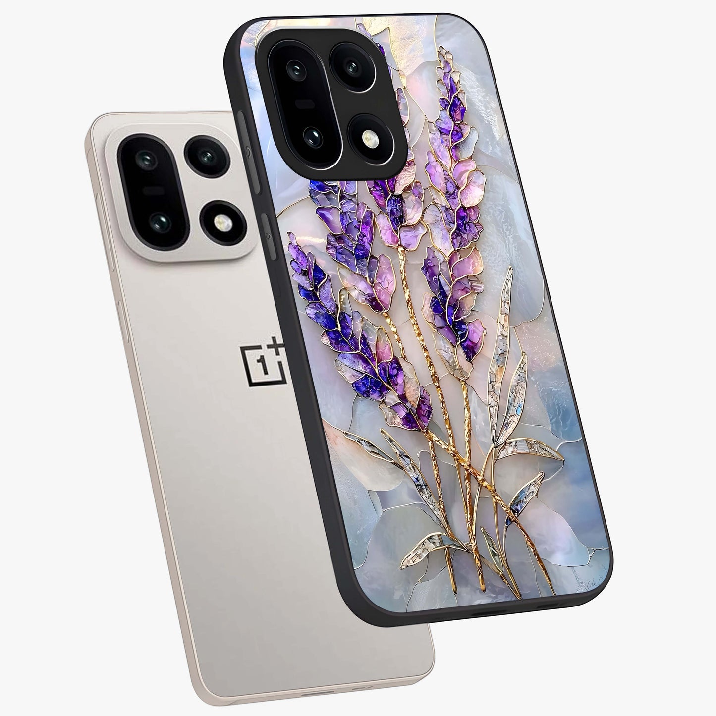 Lavender Dream Glow Glass Case for 1+15 angled mockup showcasing glossy finish and luminous purple gradients