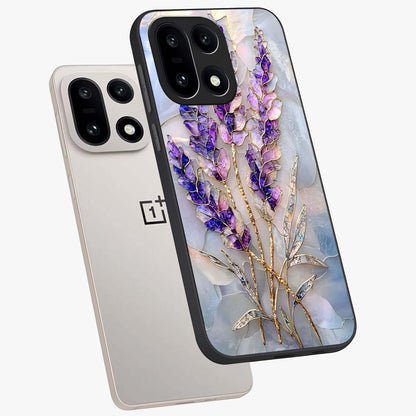 Lavender Dream Glow Glass Case for 1+15 angled mockup showcasing glossy finish and luminous purple gradients