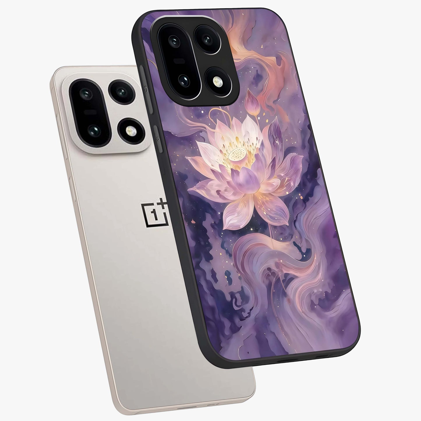 Lavender Lotus Muse Glass Case for 1+15 angled mockup showcasing glossy finish and refined floral detailing