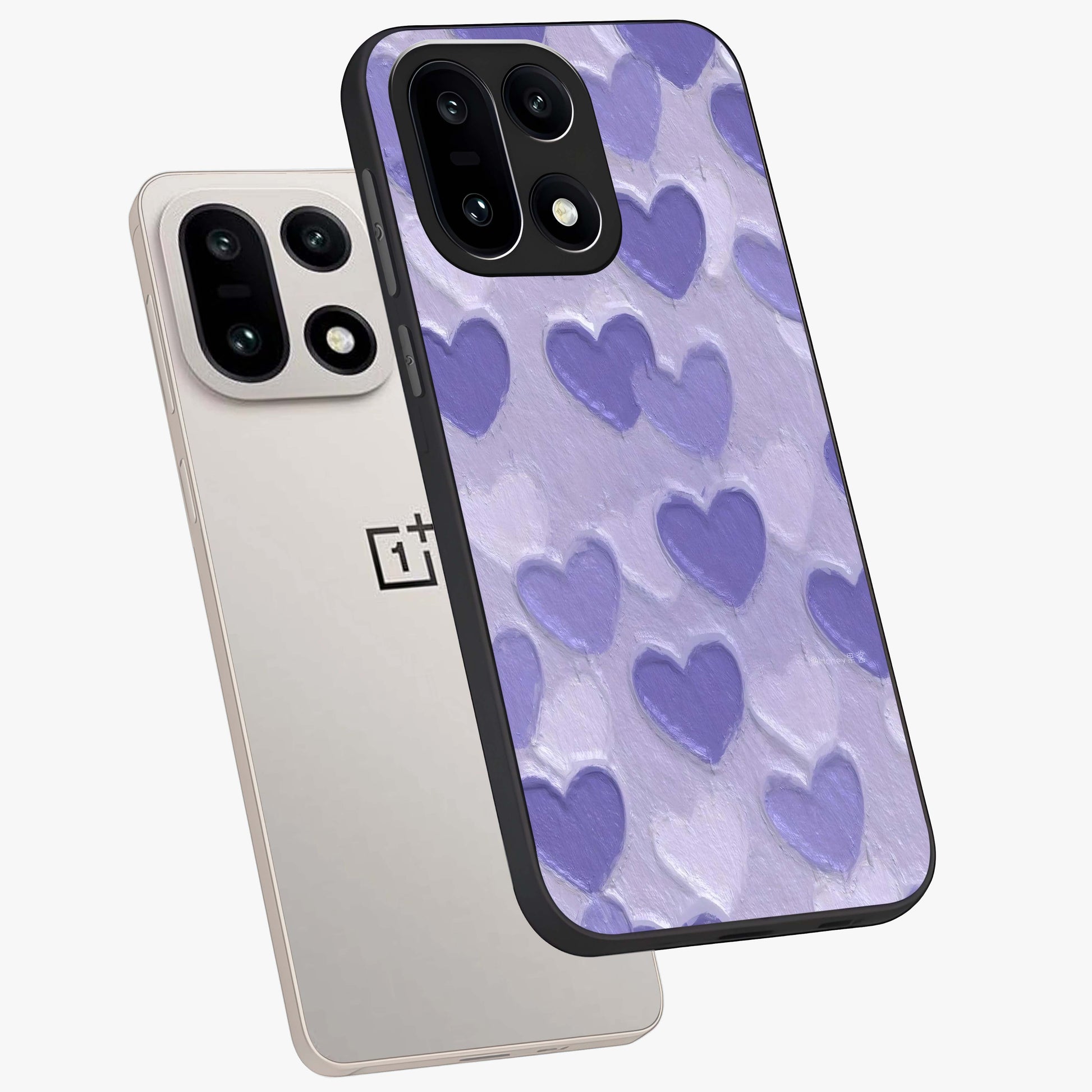 Lavender Paper Hearts Glass Case for 1+15 angled mockup showcasing glossy finish and playful pastel detailing