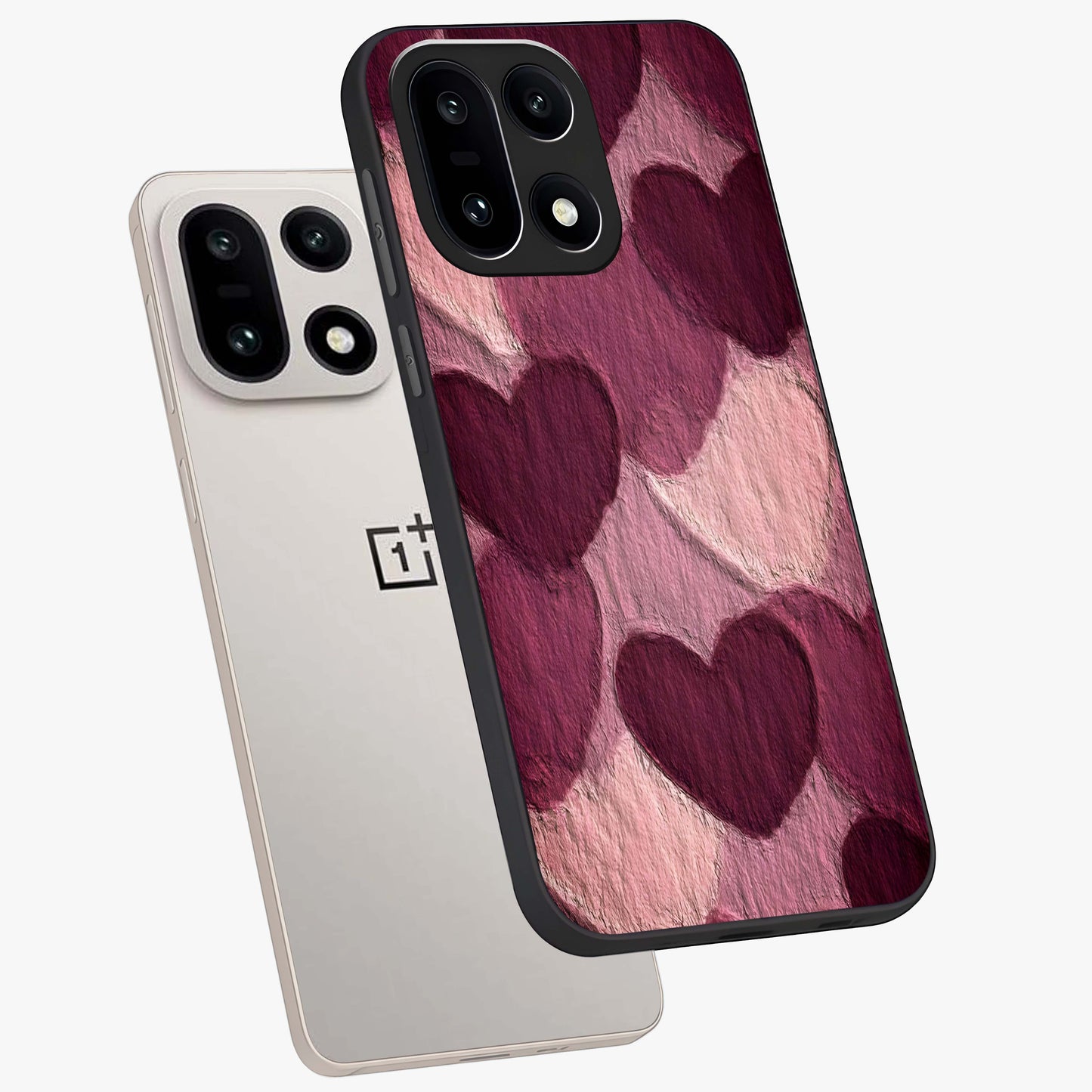 Layered Paper Hearts Glass Case for 1+15 angled mockup showcasing glossy finish and soft romantic tones