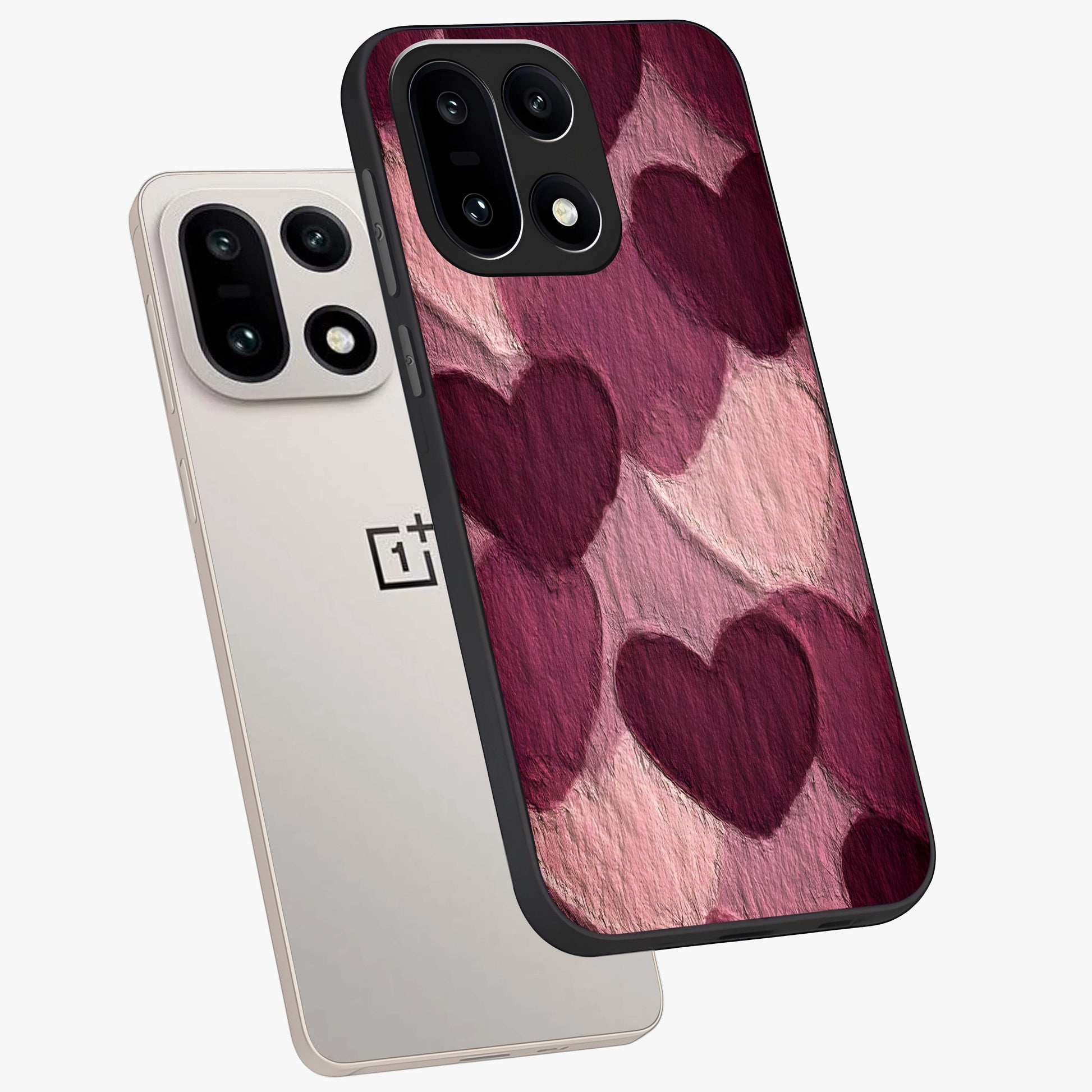 Layered Paper Hearts Glass Case for 1+15 angled mockup showcasing glossy finish and soft romantic tones