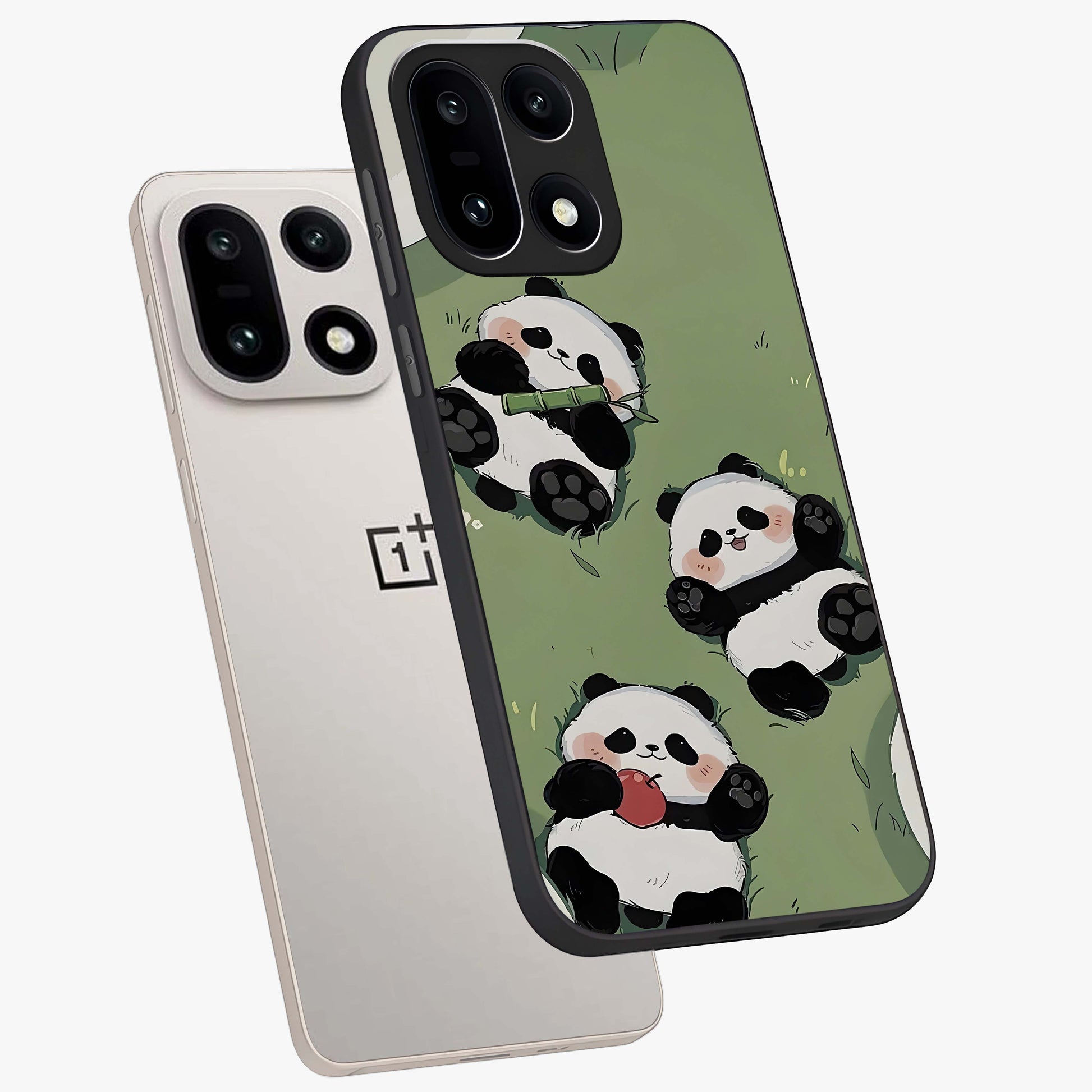 Lazy Panda Picnic Glass Case for 1+15 angled mockup showcasing glossy finish and vibrant cartoon detailing