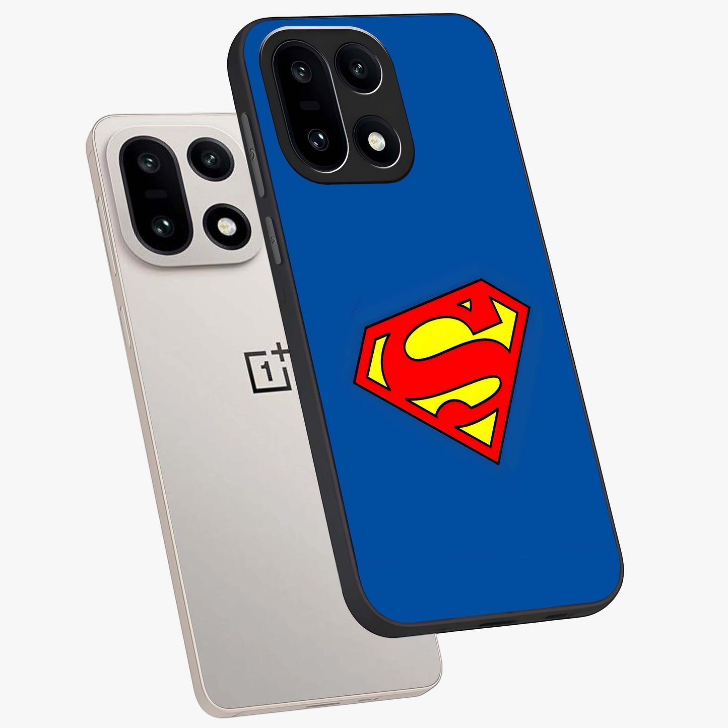 Legendary Hero Emblem Glass Case for 1+15 angled mockup showcasing glossy glass finish and strong graphic detailing