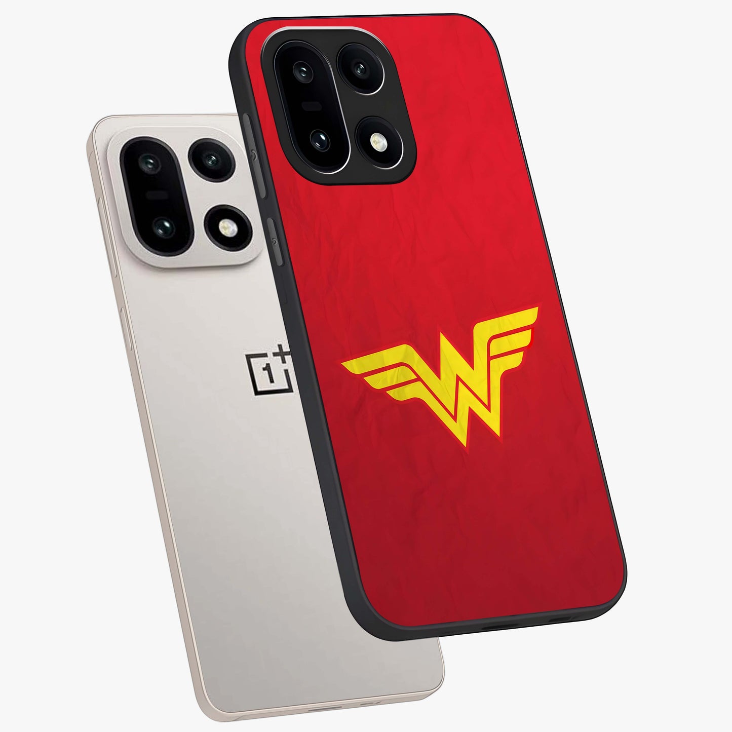 Legendary Wonder Power Glass Case for 1+15 angled mockup showcasing glossy finish and vibrant power tones
