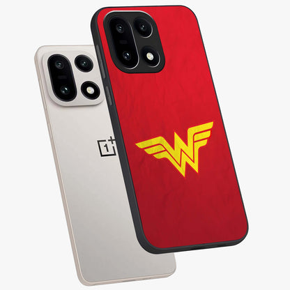 Legendary Wonder Power Glass Case for 1+15 angled mockup showcasing glossy finish and vibrant power tones