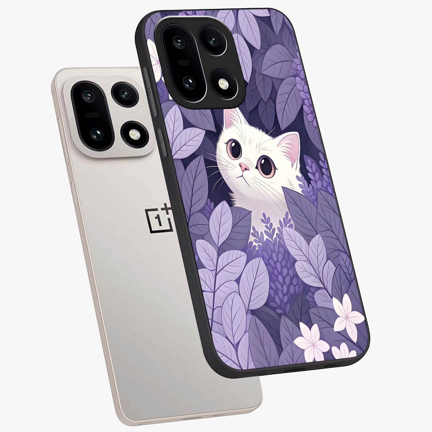 Lilac Hide Peek Cat Glass Case for 1+15 angled mockup showcasing glossy finish and cute character detailing