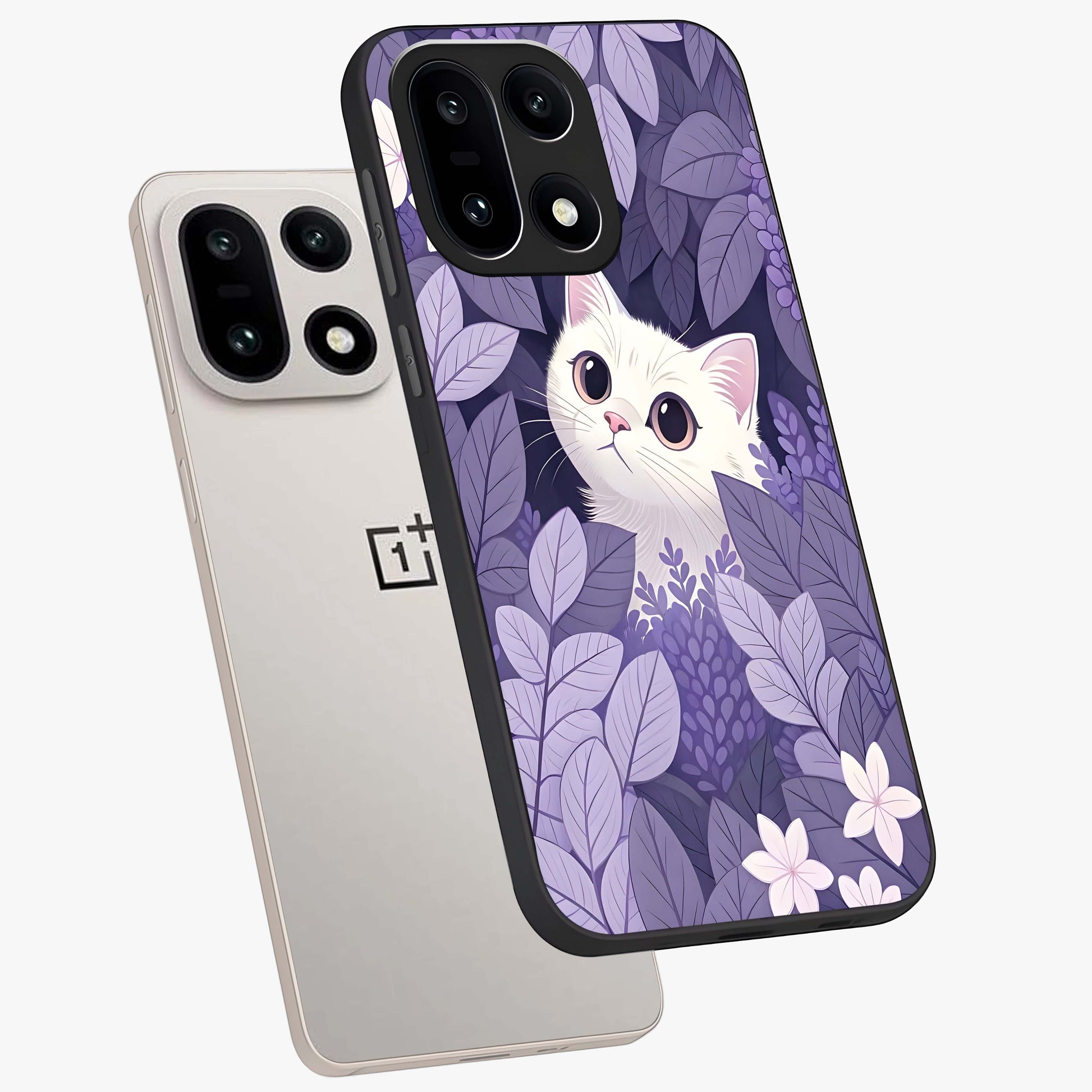 Lilac Hide Peek Cat Glass Case for 1+15 angled mockup showcasing glossy finish and cute character detailing