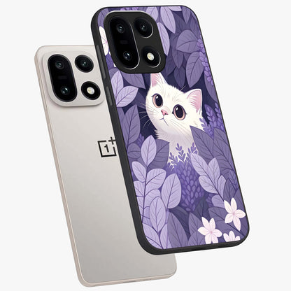 Lilac Hide Peek Cat Glass Case for 1+15 angled mockup showcasing glossy finish and cute character detailing