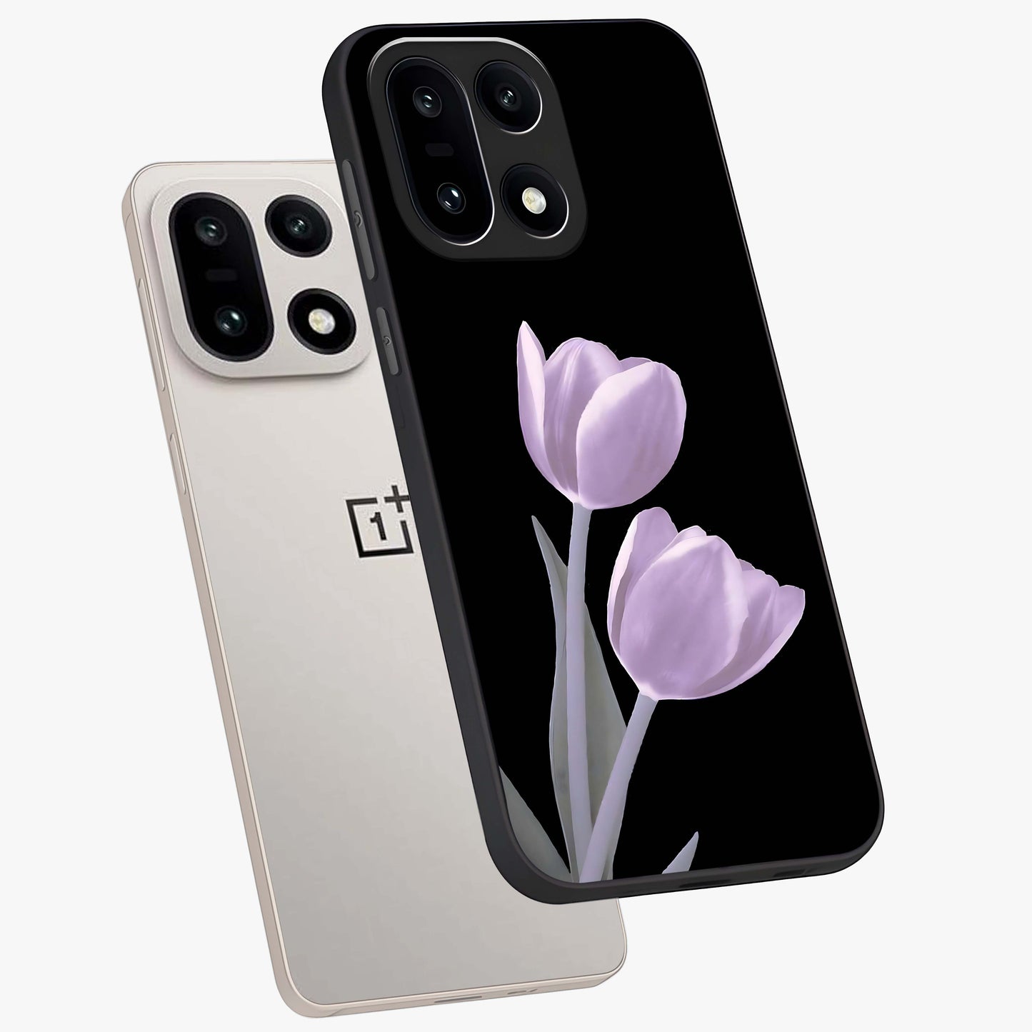 Lilac Tulip Flowers Glass Case for 1+15 angled mockup showcasing glossy finish and delicate bloom detailing