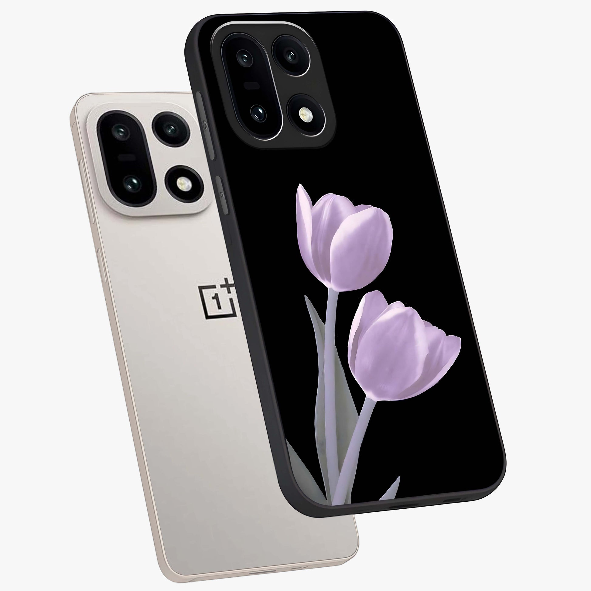 Lilac Tulip Flowers Glass Case for 1+15 angled mockup showcasing glossy finish and delicate bloom detailing