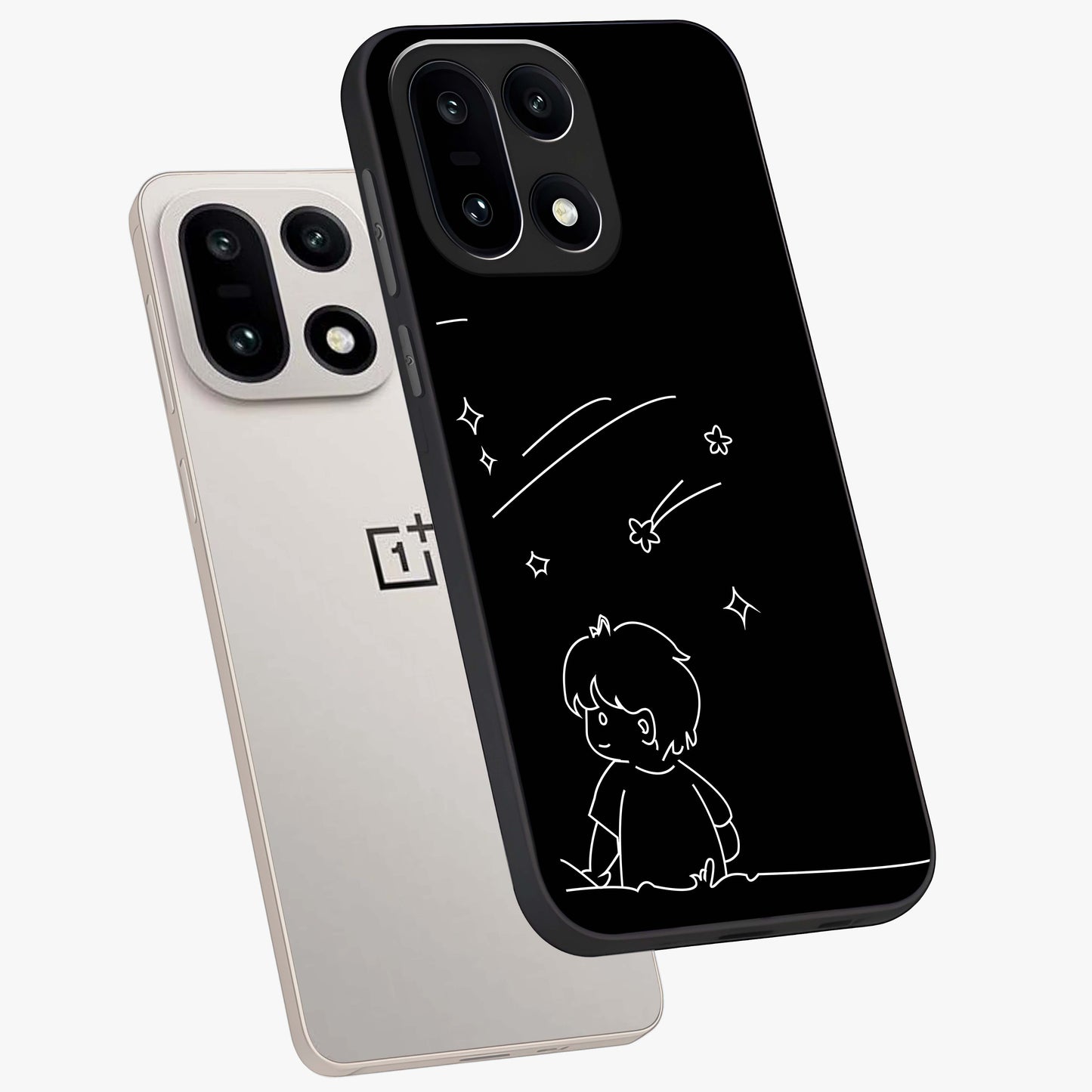 Line Art Boy With Shooting Stars Glass Case for 1+15 angled mockup showcasing glossy finish and clean monochrome detailing