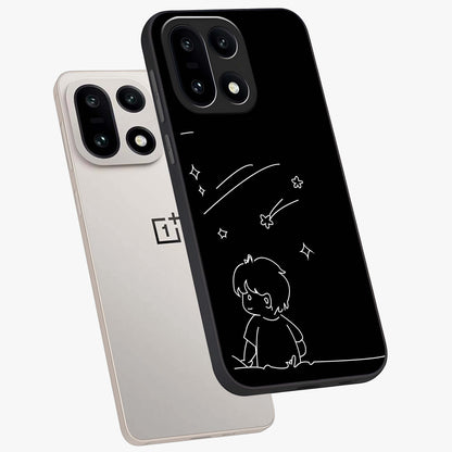 Line Art Boy With Shooting Stars Glass Case for 1+15 angled mockup showcasing glossy finish and clean monochrome detailing