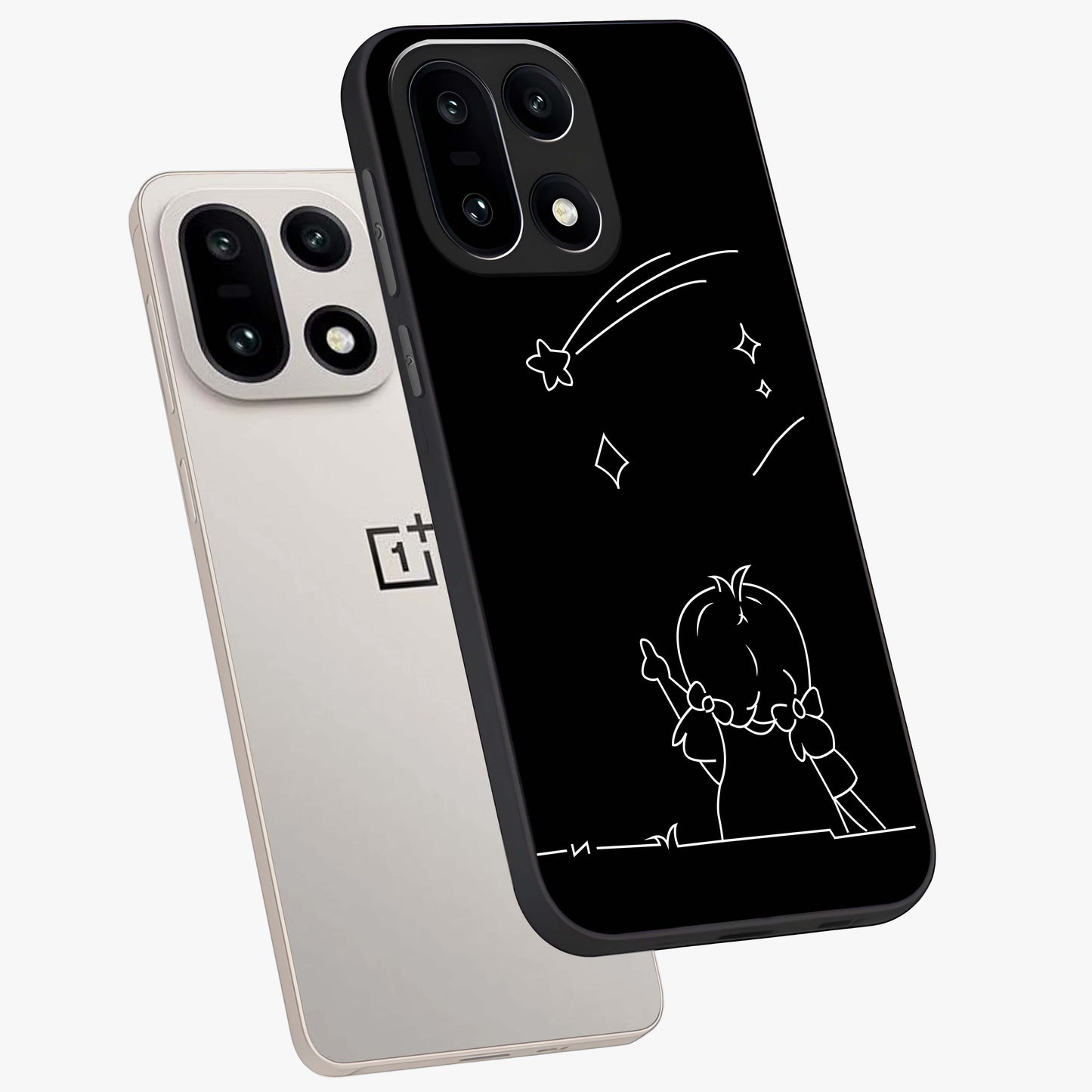 Line Art Girl With Shooting Stars Glass Case for 1+15 angled mockup showcasing glossy finish and refined artistic detailing