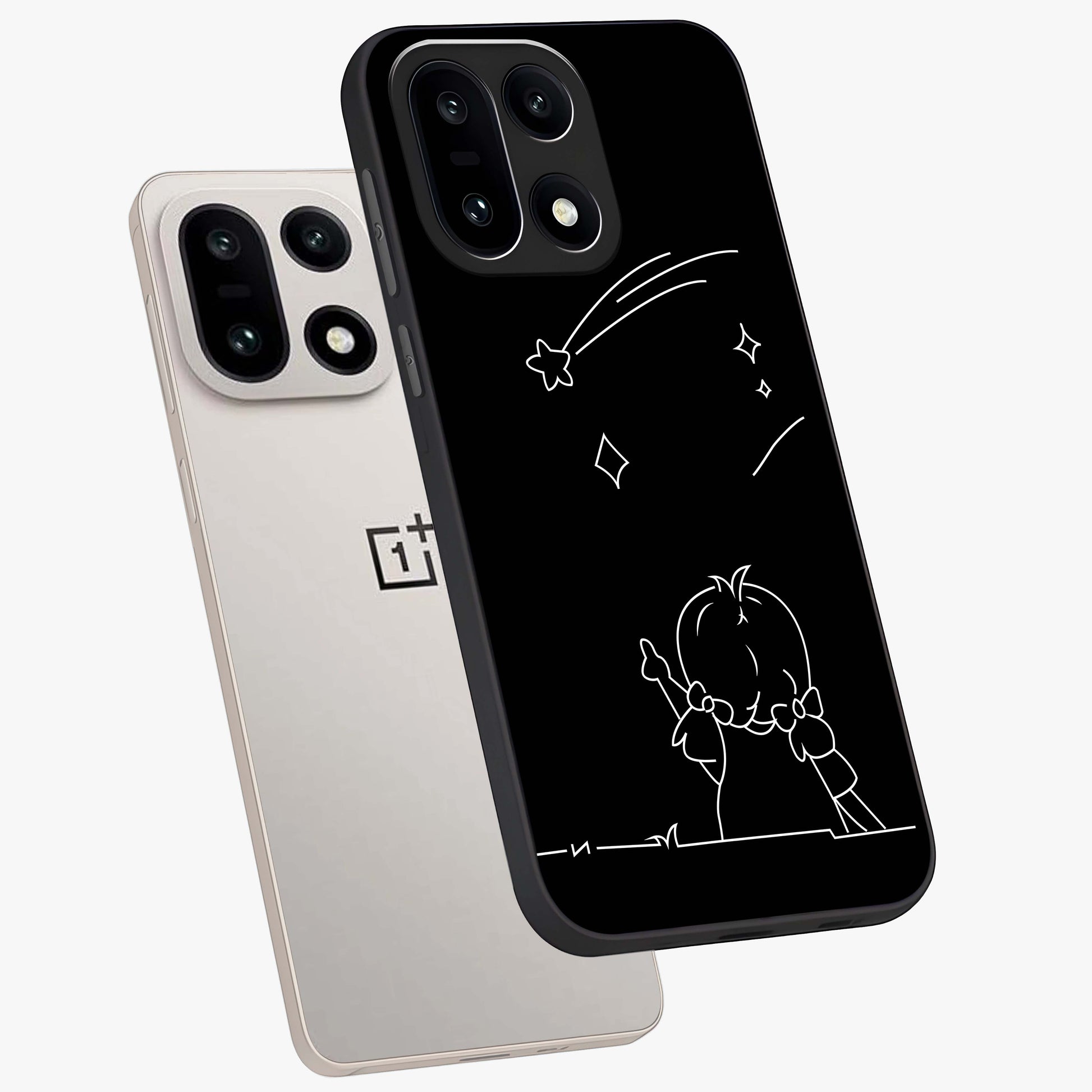 Line Art Girl With Shooting Stars Glass Case for 1+15 angled mockup showcasing glossy finish and refined artistic detailing