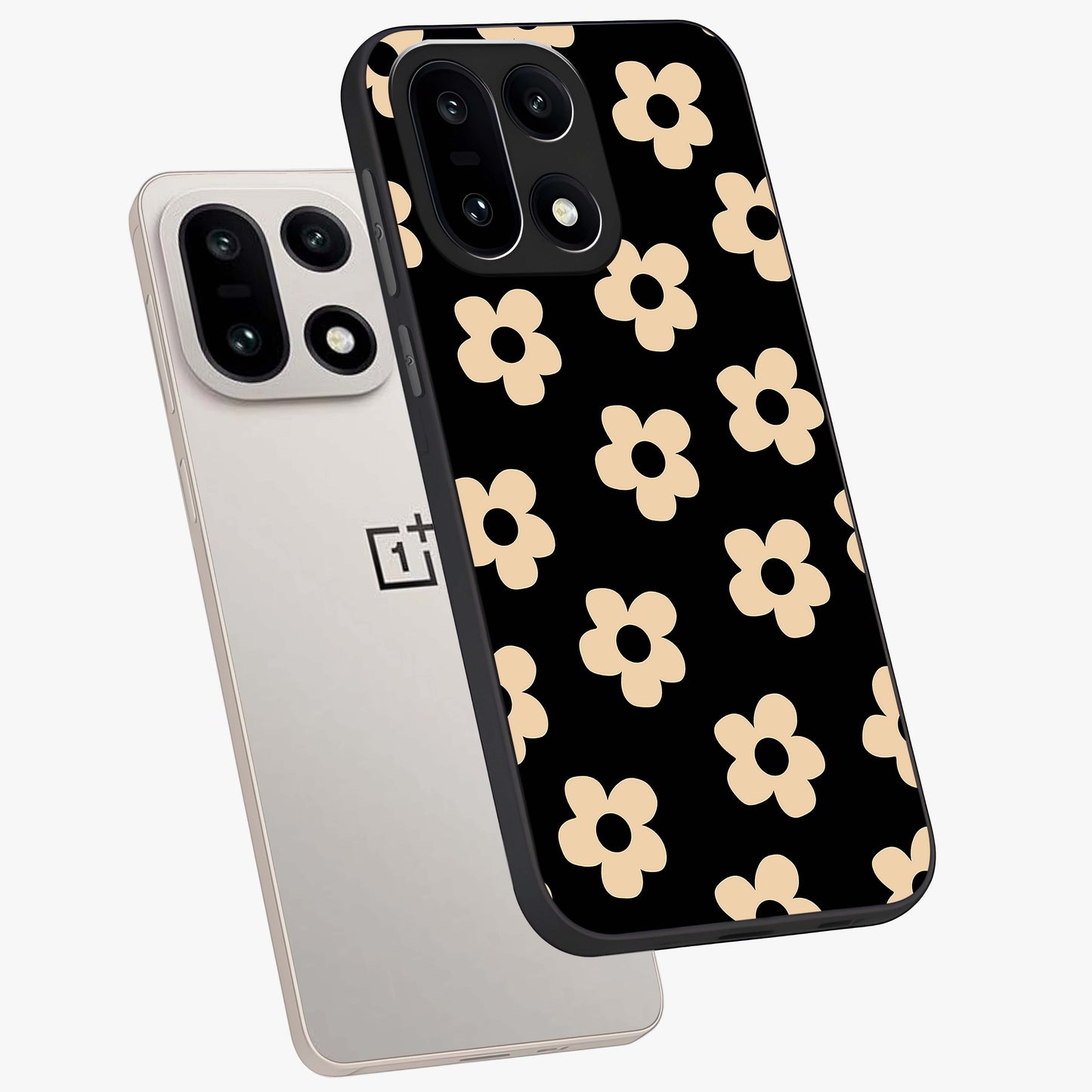 Little Daisy Flower Retro Pattern Glass Case for 1+15 angled mockup showcasing glossy finish and vintage bloom tones