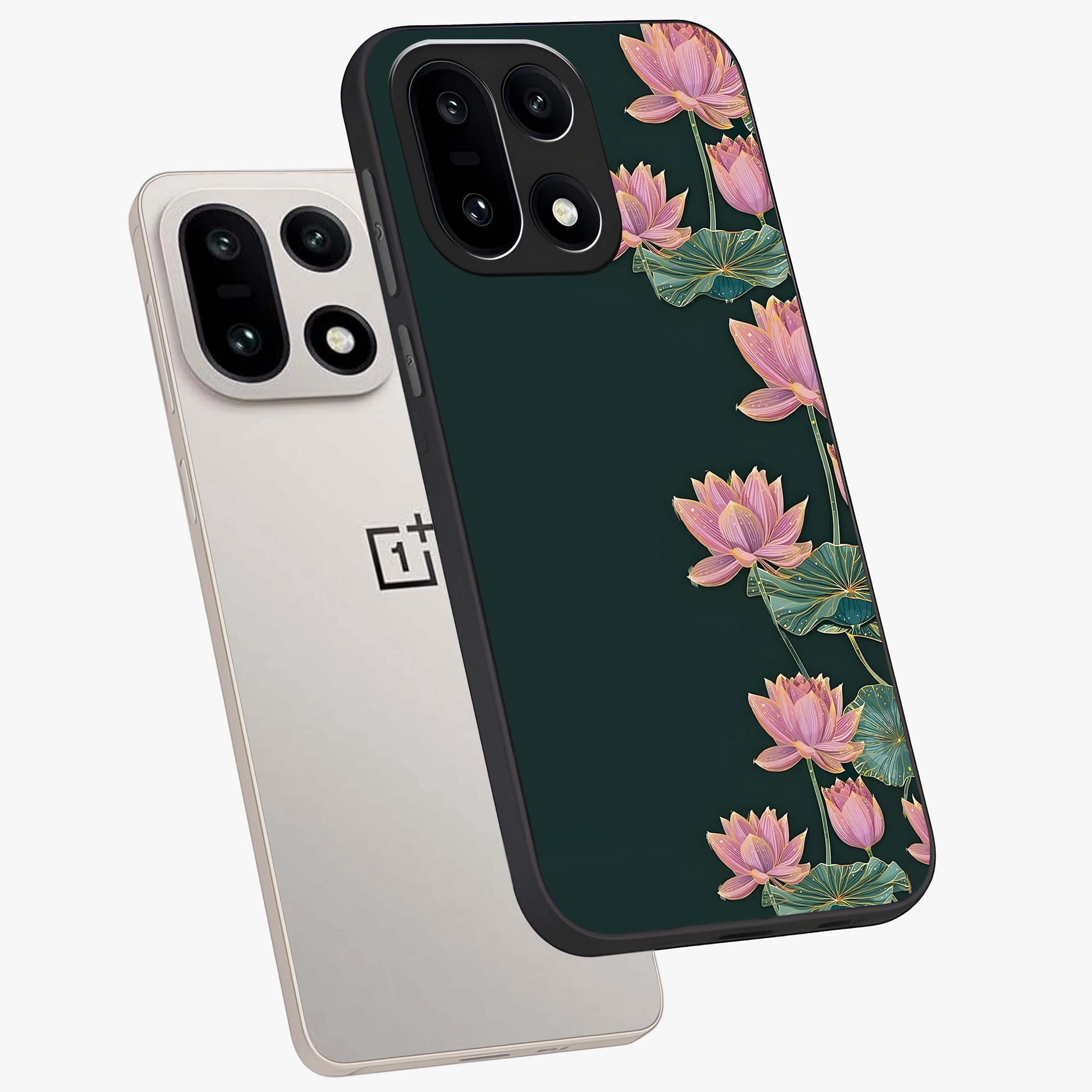 Lotus Bloom Serenity Glass Case for 1+15 angled mockup showcasing glossy glass finish and calming tones