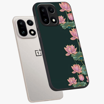 Lotus Bloom Serenity Glass Case for 1+15 angled mockup showcasing glossy glass finish and calming tones