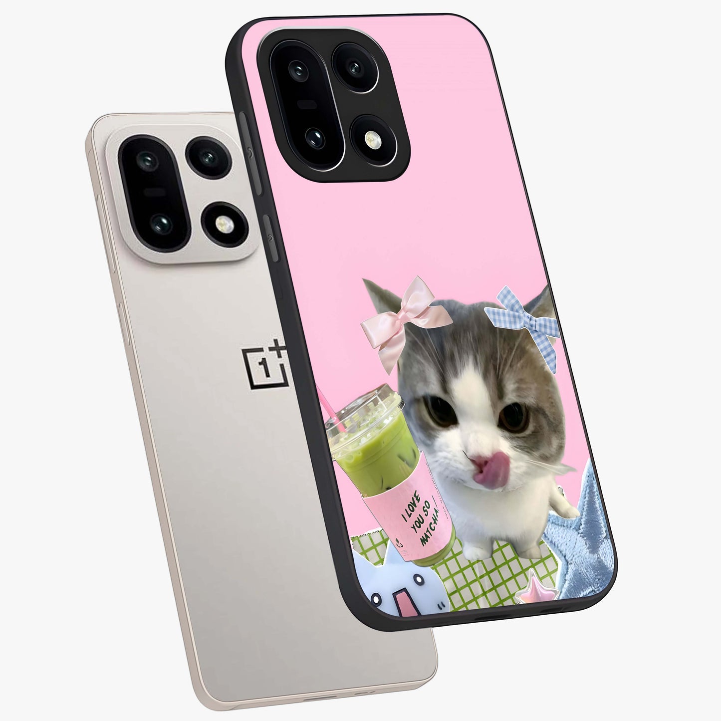 Love Matcha Cat Glass Case for 1+15 angled mockup showcasing glossy finish and playful pastel tones
