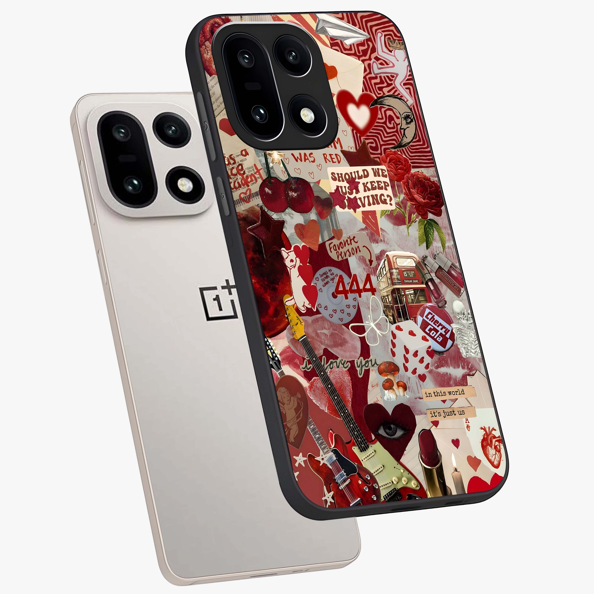 Lover’S Red Chaos Glass Case for 1+15 angled mockup showcasing glossy finish and dramatic crimson tones