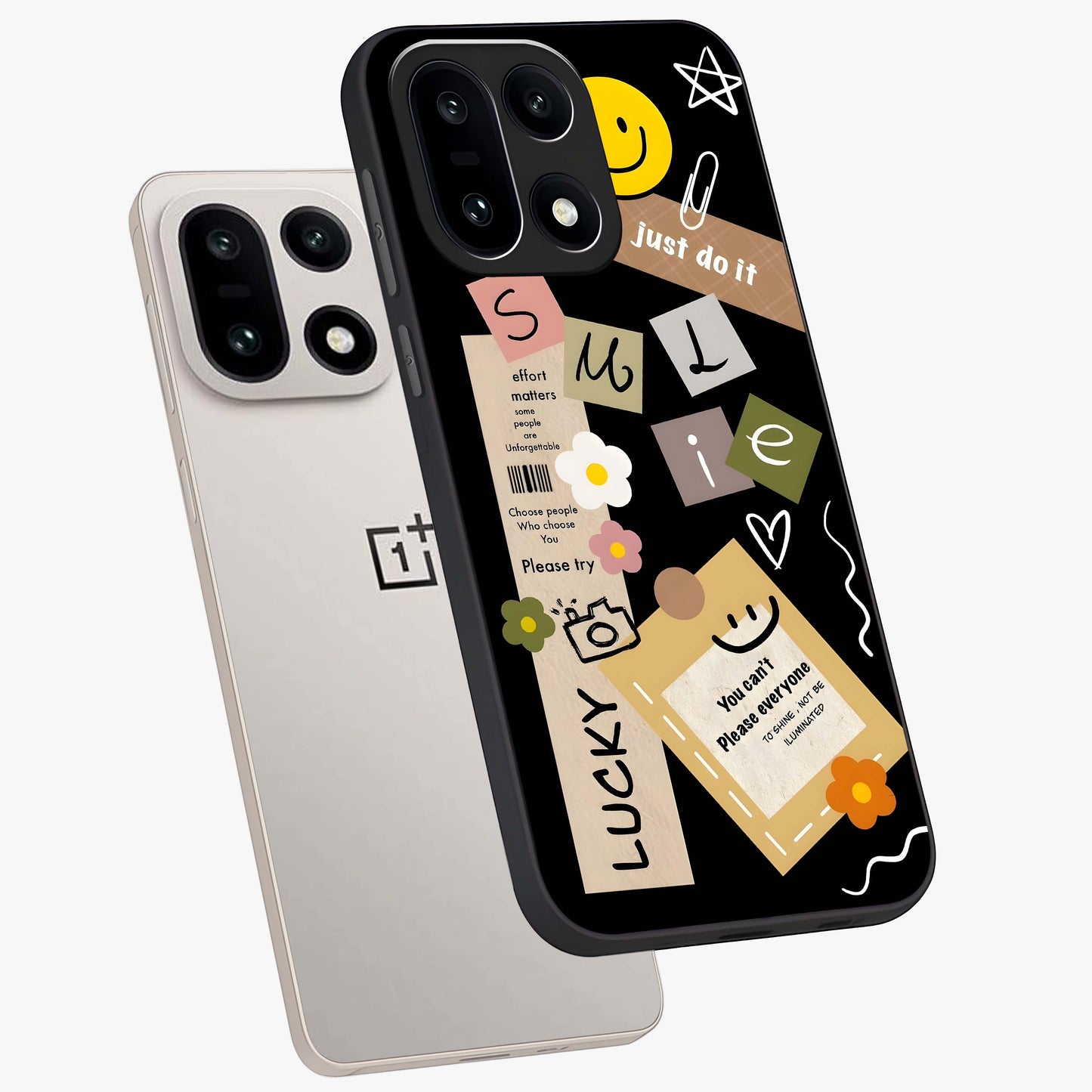 Lucky Aesthetic Collage Case Glass Case for 1+15 angled mockup showcasing glossy finish and colorful textures