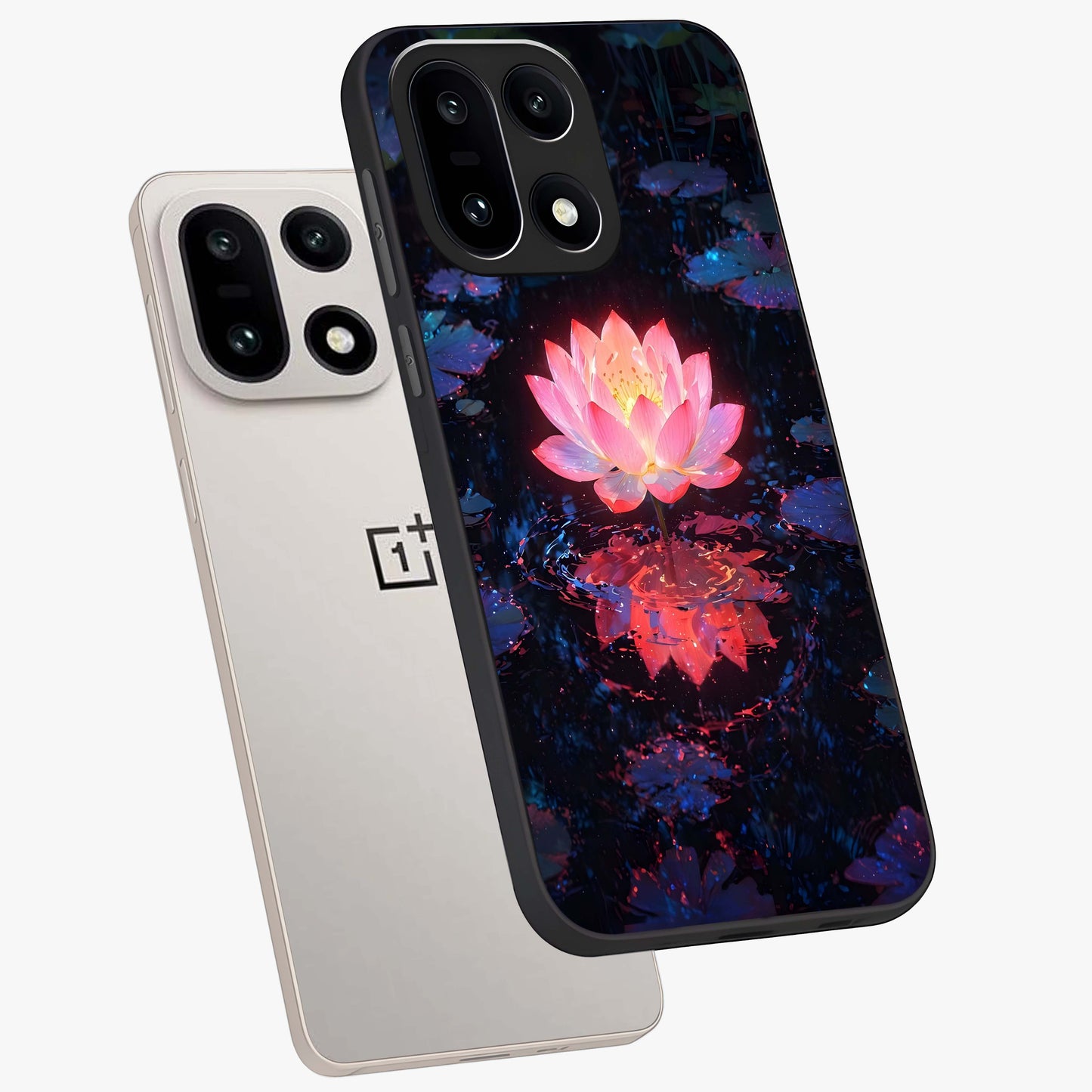 Luminous Lotus Glow Glass Case for 1+15 angled mockup showcasing glossy finish and warm luminous tones