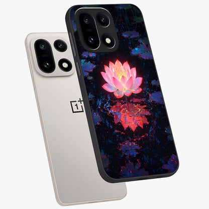 Luminous Lotus Glow Glass Case for 1+15 angled mockup showcasing glossy finish and warm luminous tones