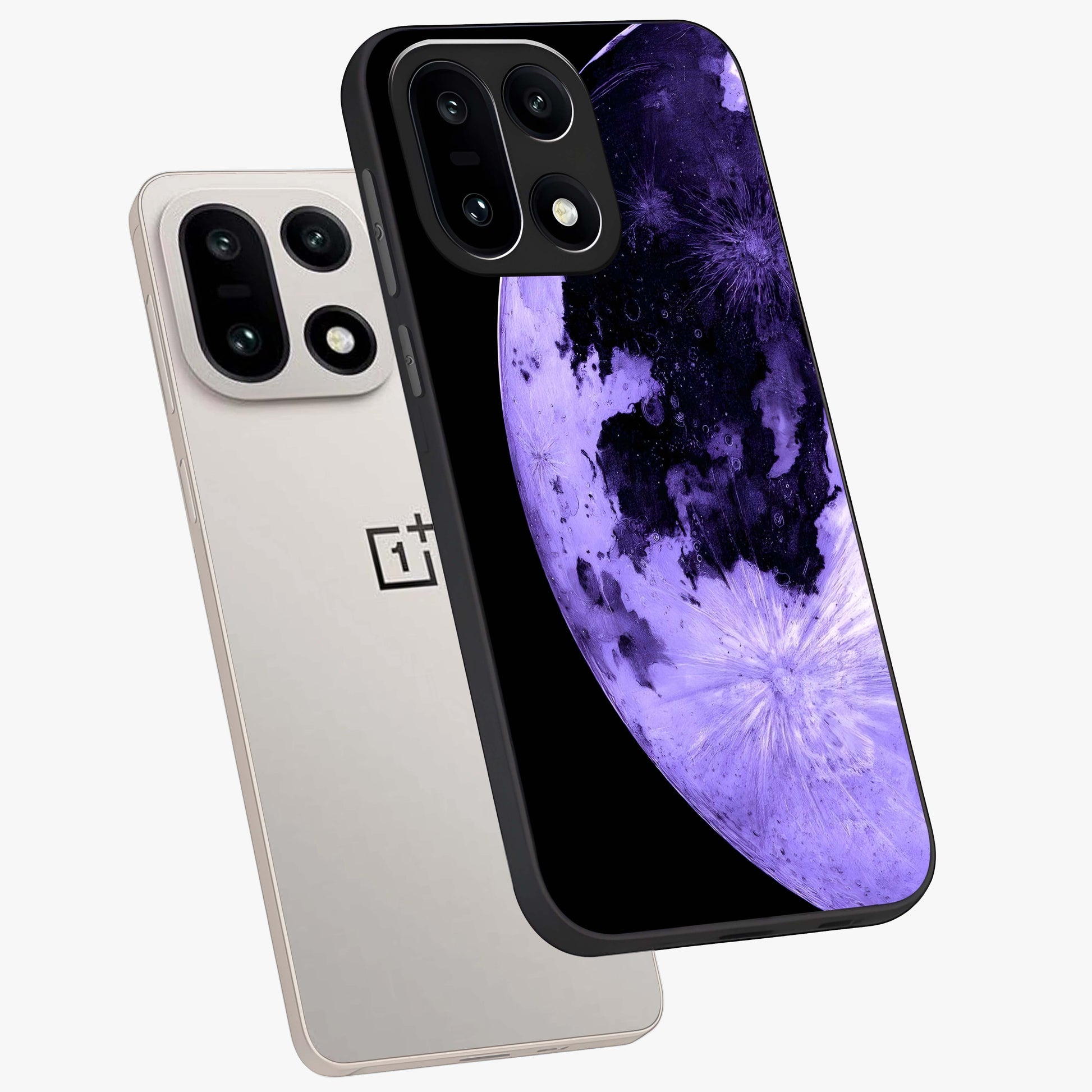 Lunar Glow in Violet Glass Case for 1+15 angled mockup showcasing glossy finish and soft purple gradients