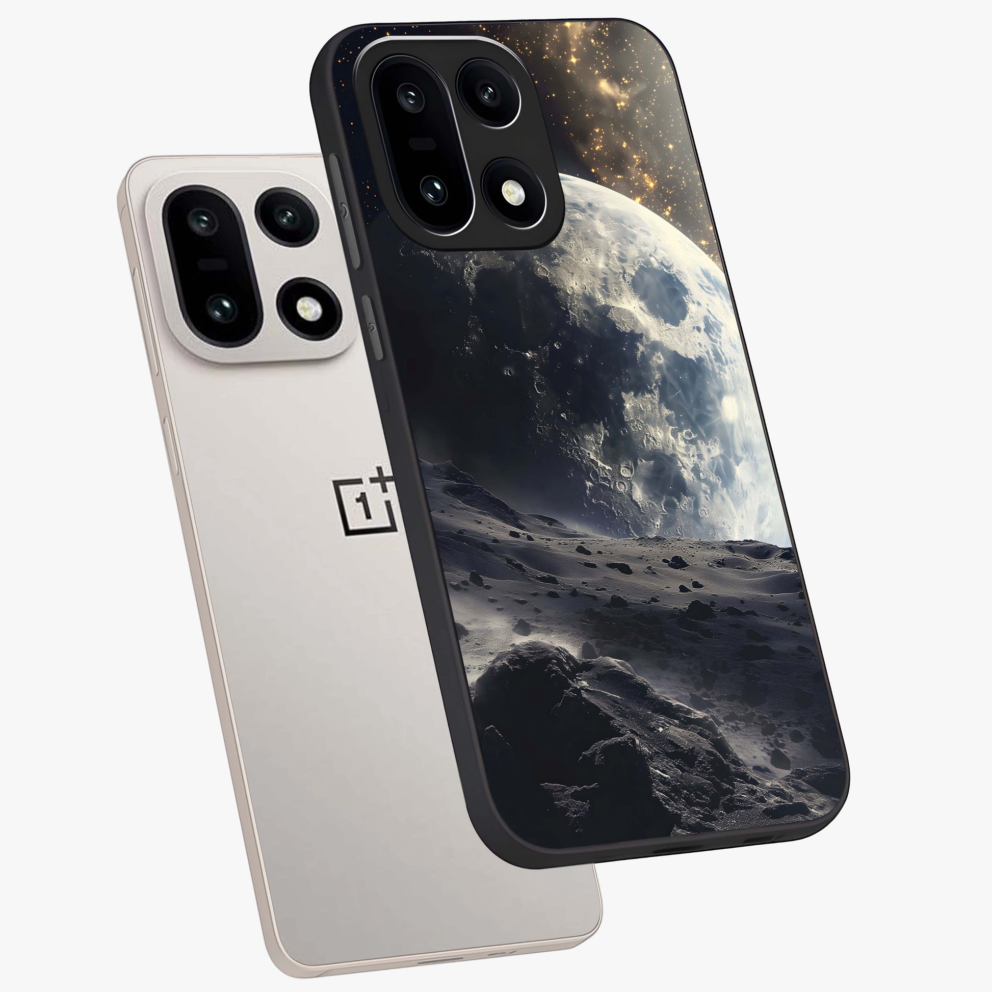 Lunar Horizon Glow Glass Case for 1+15 angled mockup showcasing glossy finish and warm night tones