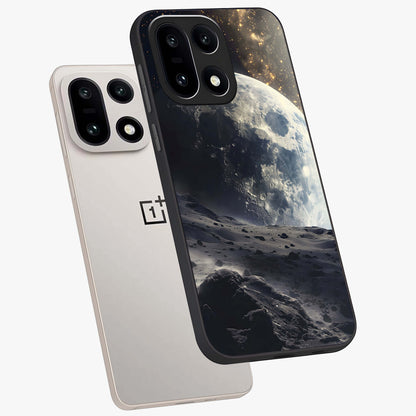 Lunar Horizon Glow Glass Case for 1+15 angled mockup showcasing glossy finish and warm night tones