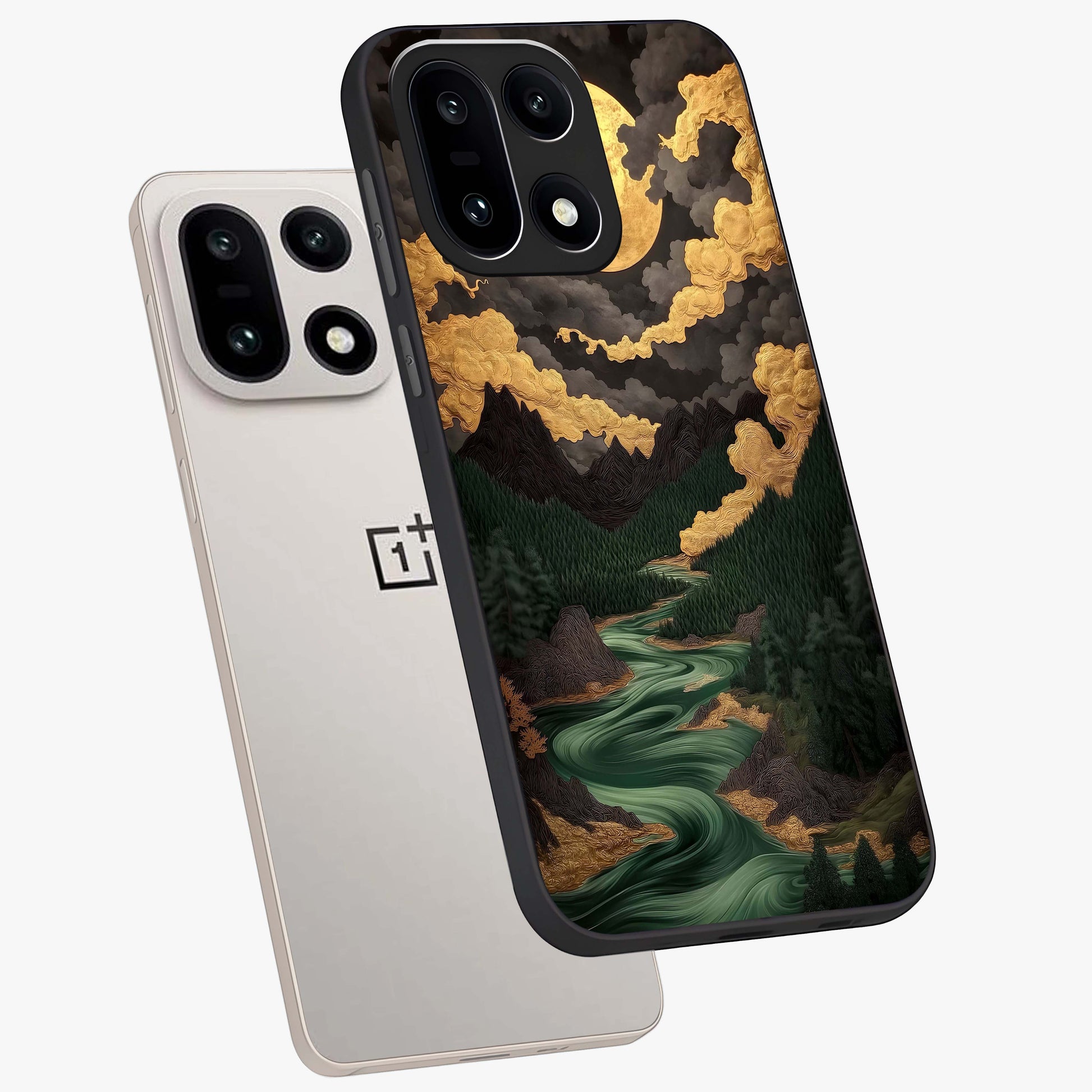 Lunar Silk Garden Glass Case for 1+15 angled mockup showcasing glossy glass finish and silky gradient textures