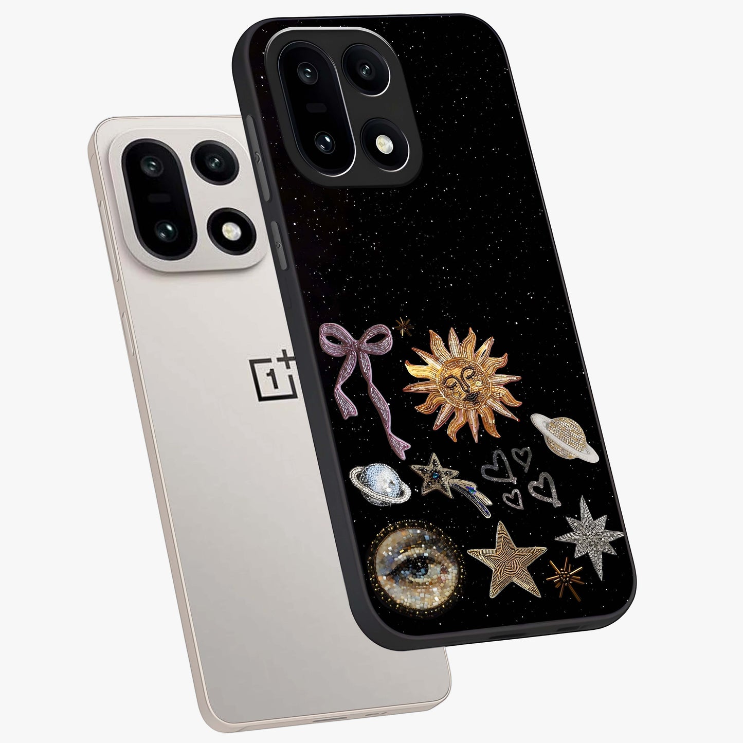 Magical Jewelry Vibe Glass Case for 1+15 angled mockup showcasing glossy finish and sparkling detailing