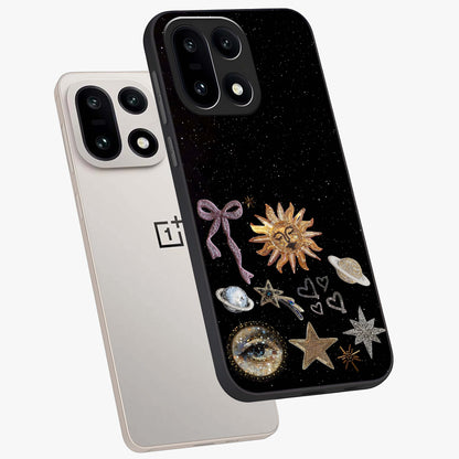 Magical Jewelry Vibe Glass Case for 1+15 angled mockup showcasing glossy finish and sparkling detailing