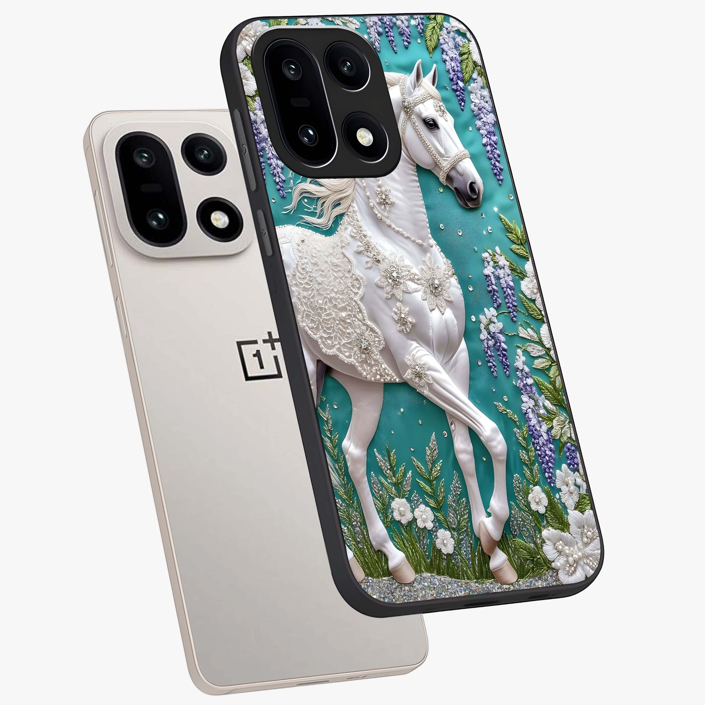 Majestic Floral Stallion Glass Case for 1+15 angled mockup showcasing glossy finish and vibrant artistic tones