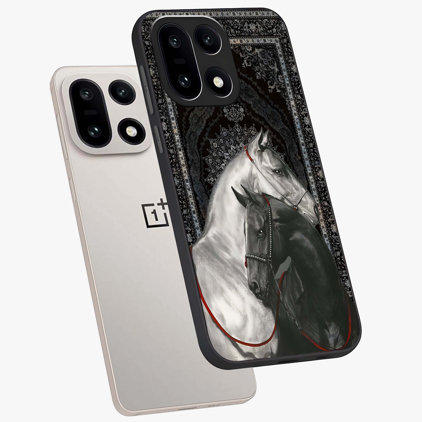 Majestic Ride Legacy Glass Case for 1+15 angled mockup showcasing glossy finish and strong graphic detailing